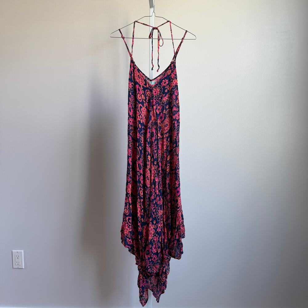 Donna Bella sz XS pink blue halter Y2K burnout floral‎ fairy midi dress